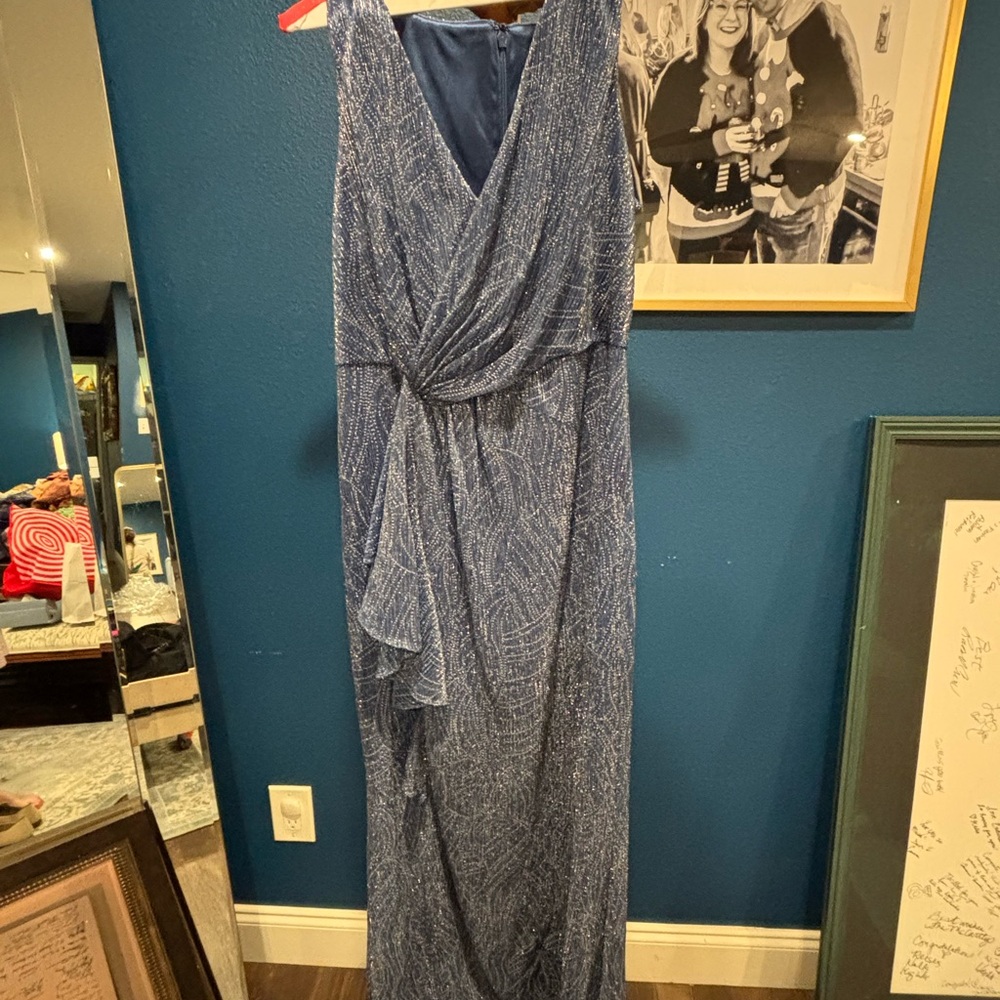 EUC Adrianna Papell Metallic Mesh Faux Wrap Gown W/ Ruffle Accents blue SZ 12